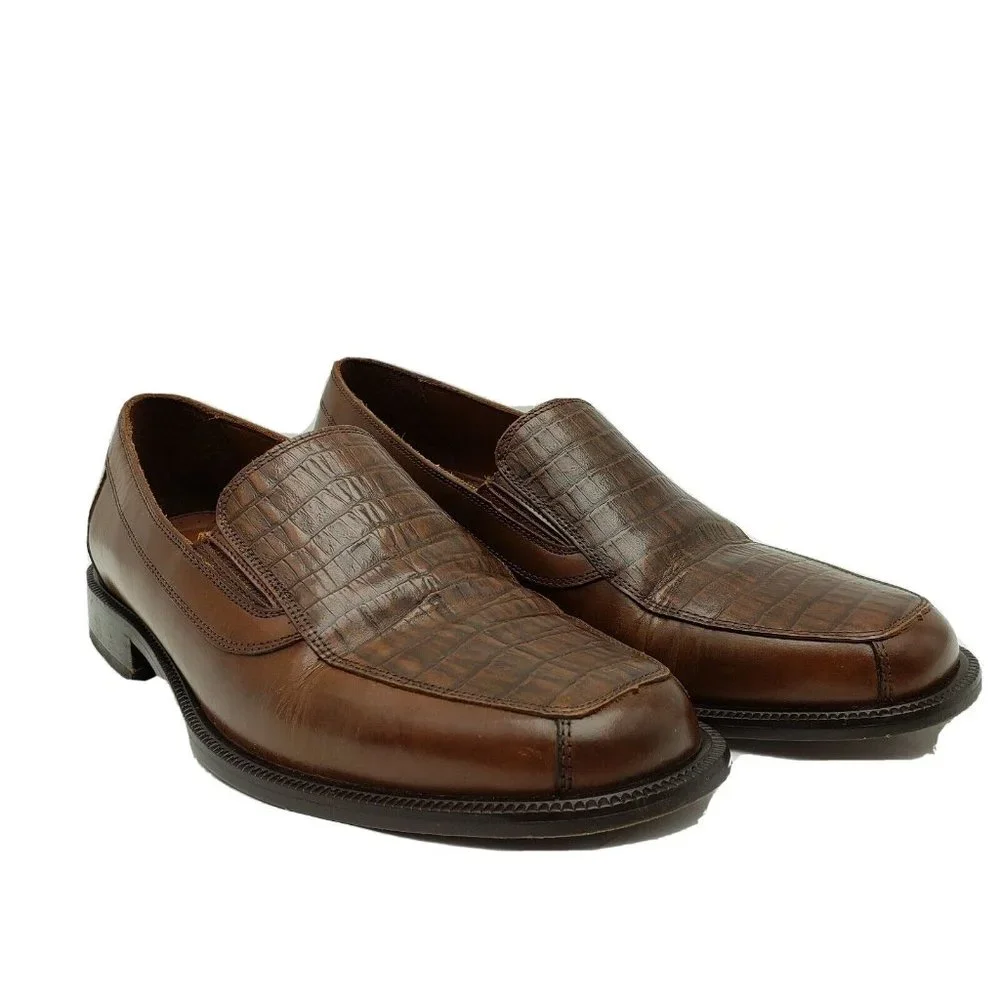 Stafford‎ Dress Shoes Mens 9.5M Brown Leather Croc Accent Slip On Loafer Casual